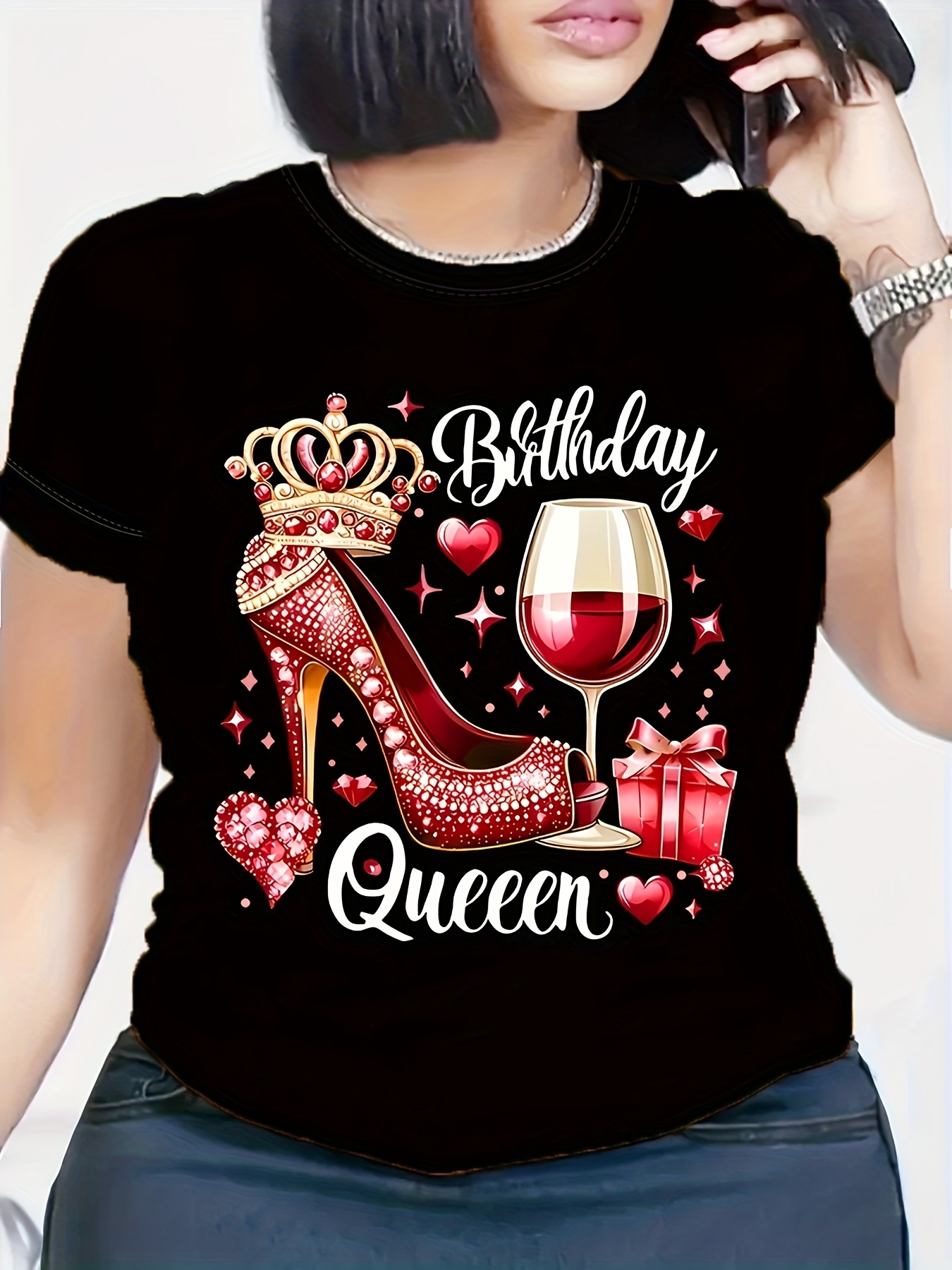 Wine Or Beer - 女性のハイヒールと王冠のTシャツ,ワイングラスのパターン,半袖,ラウンドネック,洗濯機で洗える,カジュアル,クイーン,赤,誕生日